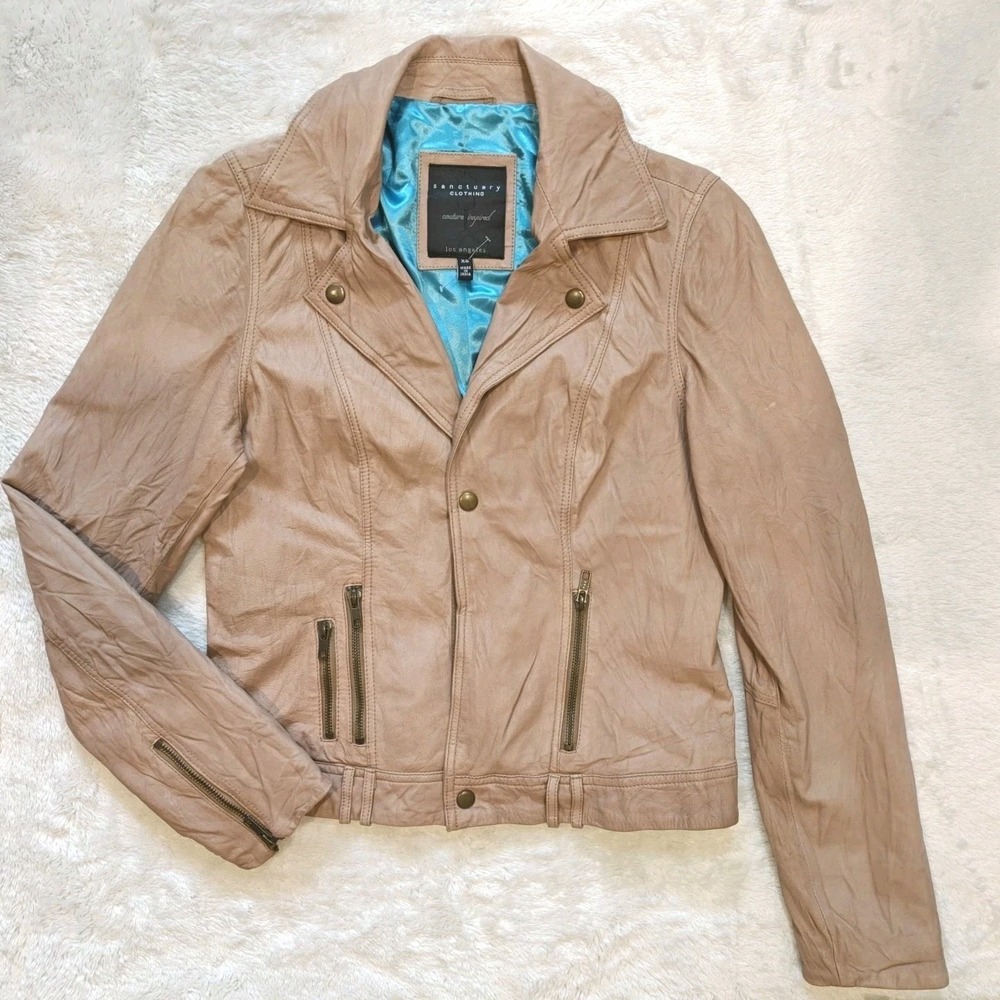 Sanctuary‎ Genuine Leather Jacket Moto XS Collared Lined Couture Inspired Tan